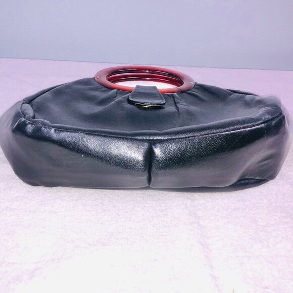 Vintage 60s Mod Purse Circular Leather Black Double Ring Top Handle Handbag - Picture 4 of 7